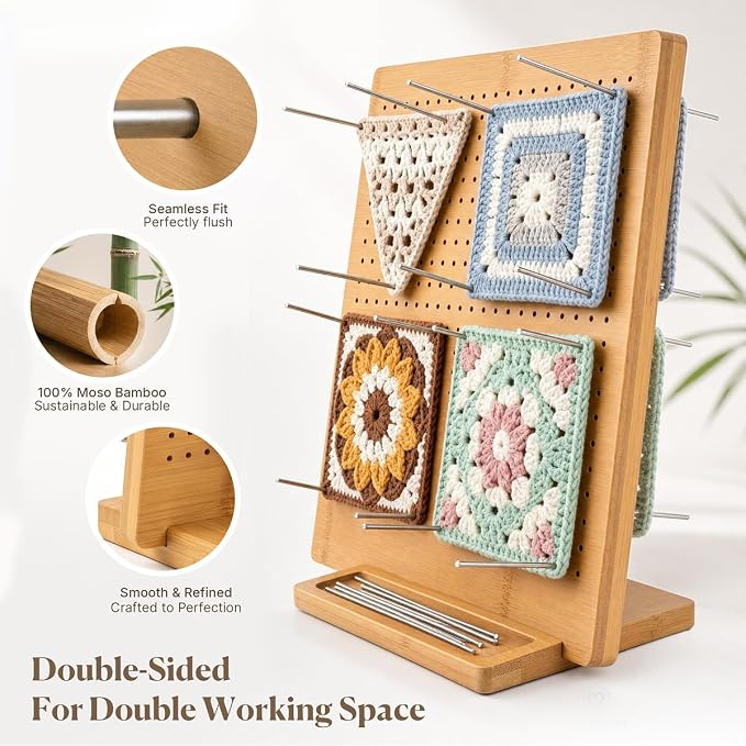 11.8" Double Sided Crochet Blocking Board, Granny Square Blocking Board with 30 Stainless Steel Pegs, Bamboo Blocking Boards for Crochet Projects, Crochet Block Gift for Crocheters