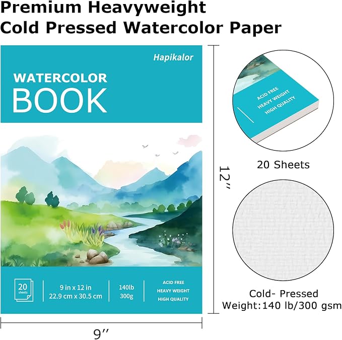Hapikalor 9"x12" Watercolor Sketchbook, Spiral Bound Water Color Paper | 140lb/300gsm Watercolor Paper, Artist Painting Watercolor Notebook, Watercolor Journal, Sketch Pad, School Supplies, Teal