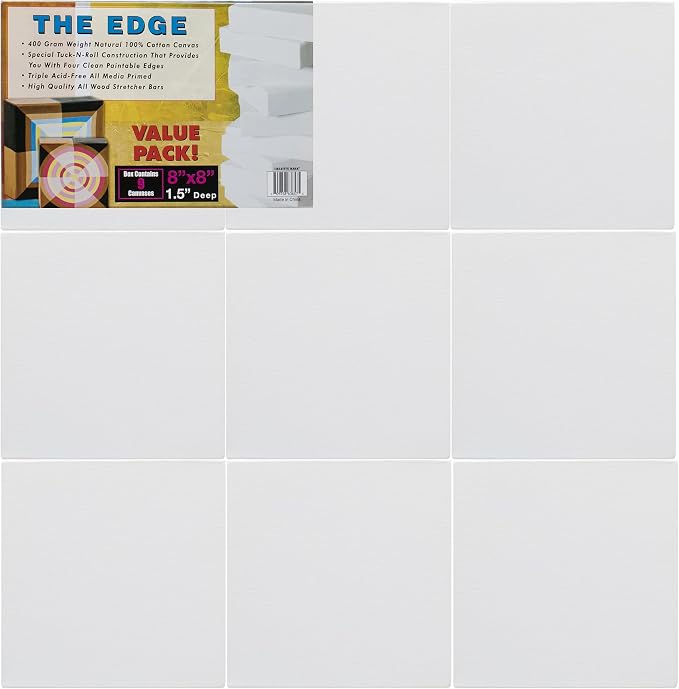 Creative Mark The Edge Deluxe Cotton 1-1/2" Deep Stretched Canvas for Painting, 8x8 Pack of 9, 14oz. Primed Weight, Universal Archival Priming, Medium Tooth, Frameless Artwork Canvas for Painters