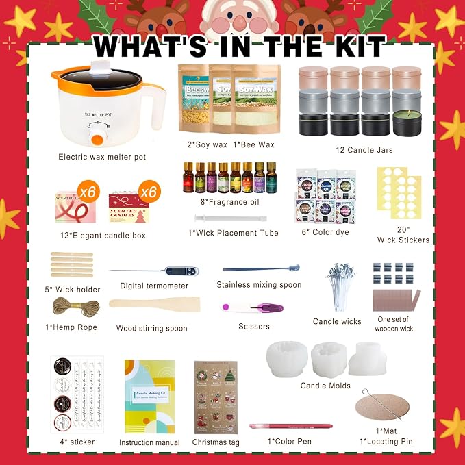 Complete Soy and Beeswax Candle Making Kit for Adults with Wax Melter | Wax Melt Making Kit Includes 2lb Soy Wax, 1lb Beeswax, 12 Candle Jars, Candle Moulds