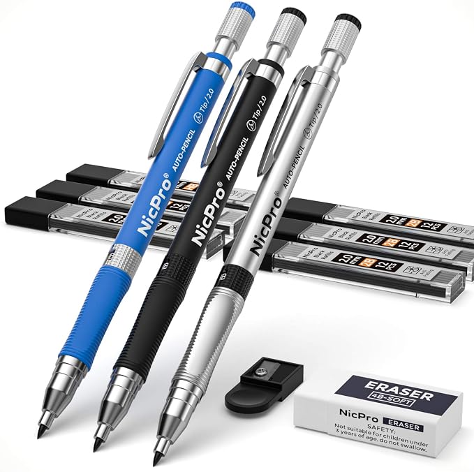 Nicpro 11 Pieces 2mm Mechanical Pencil Set 3 PCS Carpenter Drafting Pencil