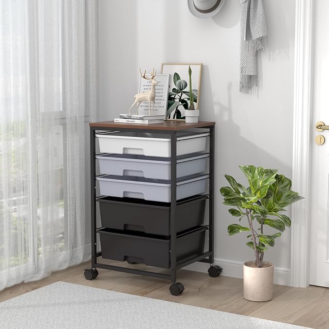 SYKIARIOL Utility Cart with Drawers,5 Drawers Storage Cart,Dark Grey | 5-Tiers Storage Cart with Drawers with Lockable Wheels for Craft Organizers and Storage,Home Office,Classroom,Dorm,Playroom