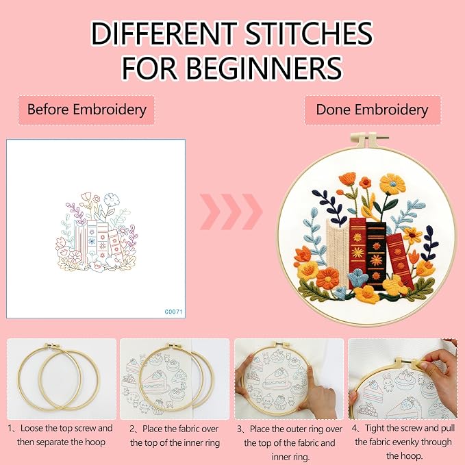 Zhenqing Book Lover Embroidery Kit for Beginners, Floral Book Stack Needlework Craft with Pre-Printed Cotton Fabric, Hoop, Threads & Tools, Reading Decor (C0071)