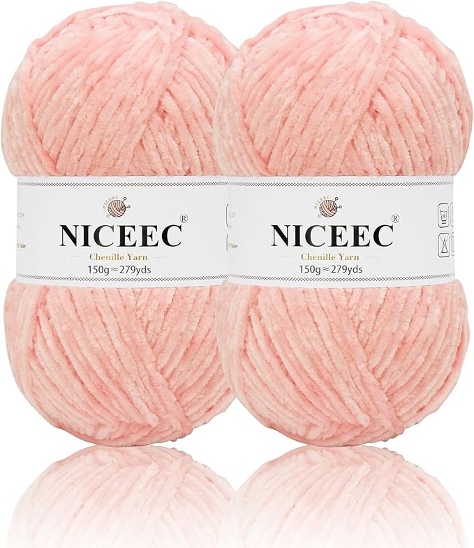 NICEEC 2 Skeins Soft Chenille Yarn 2 x255m (2X 279yds, 3X 150g)_Pink