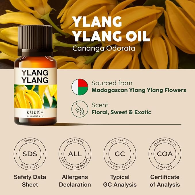 Kukka 100% Pure Ylang Ylang Essential Oil for Skin, Diffuser, 1.02 Fl Oz | Undiluted Ylang Ylang Oil for Floral Diffuser Blends, Scalp & Hair Care, Skin Balancing & Perfume Making