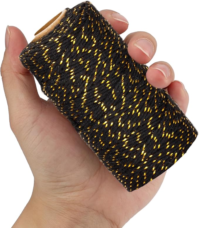 jijAcraft 328Ft Twine String, 2MM Black Gold Christmas Cotton String, Bakers Cotton Twine, Heavy Duty Crafts String for Gift Wrapping, Greeting Cards, Hanging Photo