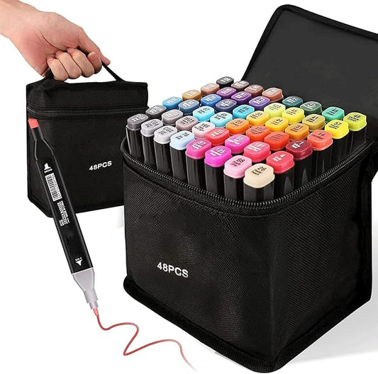 Alcohol Markers Set 48 Colors - Dual Tips Art Markers for Coloring Drawing | Drawing Marker for Artist Pens and Underlining - Professional Permanent Double Sided Markers for Coloring Books Kids Adult