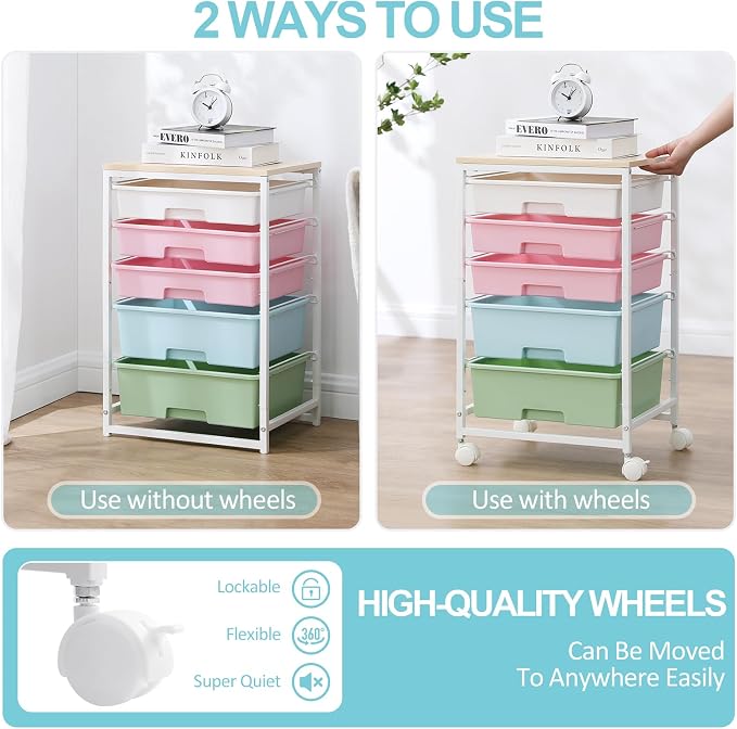 SYKIARIOL Utility Cart with 5 Drawers with Wooden Top, Rainbow | 5-Tiers Storage Cart with Drawers with Lockable Wheels for Craft Organizers and Storage,Home Office,Classroom,Dorm ,Playroom