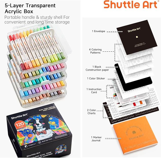 Shuttle Art 120 Colors Dual Tone Acrylic Paint Markers, 60 Pack Acrylic Paint Pens Set for Rock Painting, Ceramic, Wood, Canvas, Glass, Stone, Fabric, Card Making, DIY Football Crafts, FlipFunAlong