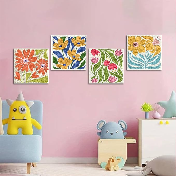 ICYANART 4 Pack Flowers Diamond Art Kits for Kids Age 6-12 6x6 Inch | Diamond Art Painting Kits for Kids Ages 6-8-12 , Small Diamond Art Kids, Simple Gem Painting for Kids Age 6-12 (no Frame)