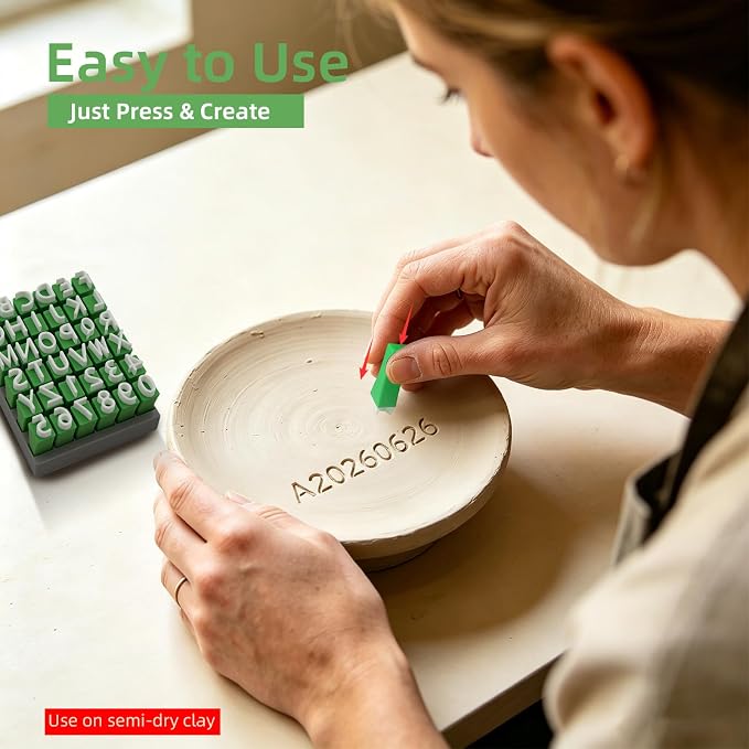 Green Alphabet Stamps for Clay – 36 Pcs (Uppercase Letters & Numbers 0-9 Set), Essential Clay Letter Stamps for Pottery, Ceramics, Concrete, DIY Craft Tools with Storage Box