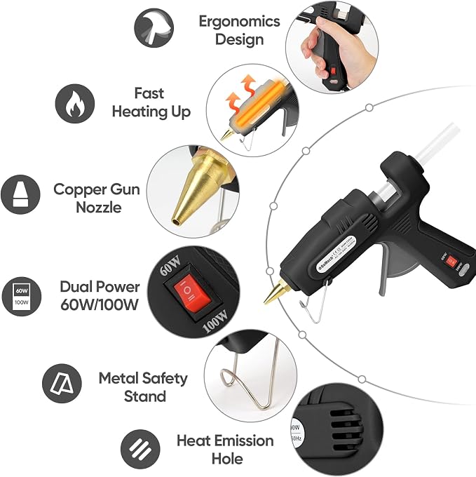 RoMech 60/100W Dual Temp Hot Glue Gun and Sticks Set, Full Size with Case