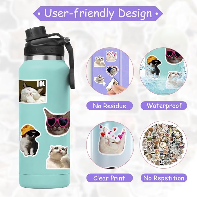 100 Pcs Cat Stickers for Water Bottles Laptop Guitar Suitcase
