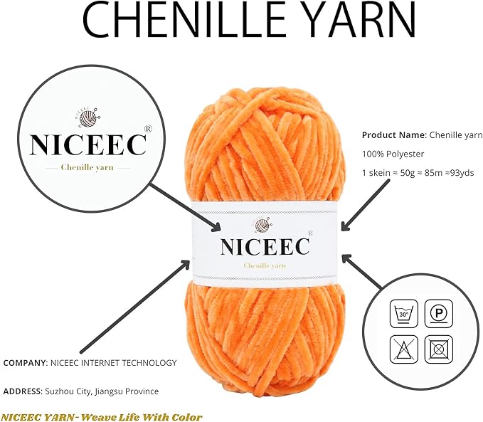 NICEEC 3 Skeins Soft Chenille Yarn 3 x85m (3X 93yds, 3X 50g)_Yellow Series