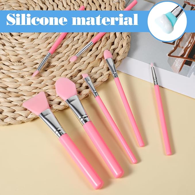 7PCS Silicone Brush Applicator Kit, Resin Brush Applicator UV Resin Brushes Applicators Jelly Brushes Applicators for Cream Makeup Products and Epoxy Art Crafting, Pink