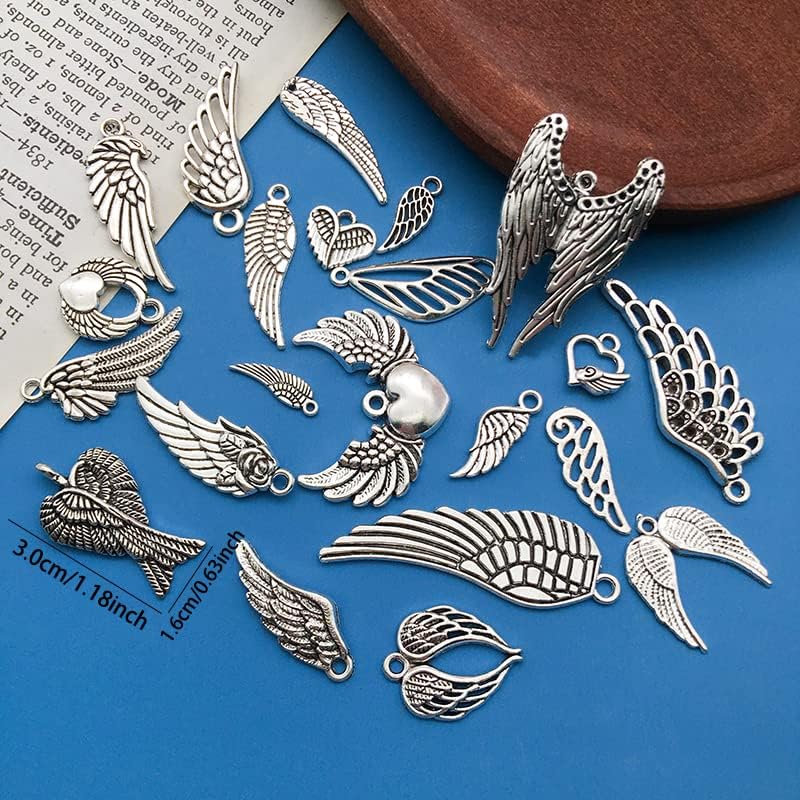WOCRAFT 120pcs Antique Silver Wing Charms for Jewelry Making Alloy Heart Angel Wing Charms for DIY Crafts (SN013)