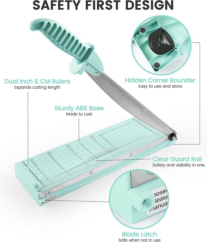 MAKEASY Paper Cutter 12 Inch, Guillotine Paper Cutter with 8 Sheet Capacity, Heavy Duty Paper Cutter for Cardstock, Paper Trimmer for Crafting, Classroom and Office, Green