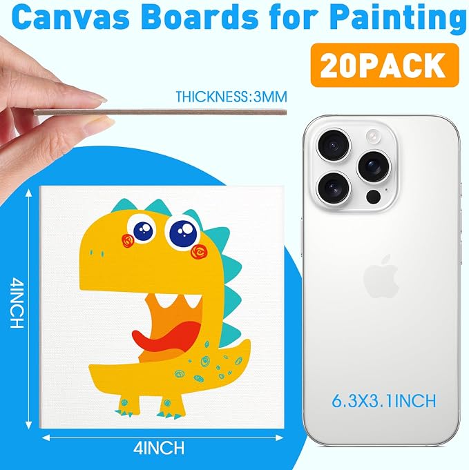 FUMILE 4x4 Mini Canvas for Painting, 20 Pack Small Canvases for Painting Primed Acid Free Canvas Boards for Painting for Beginners & Artist, Blank Canvas Panels for Classroom and Painting Parties.