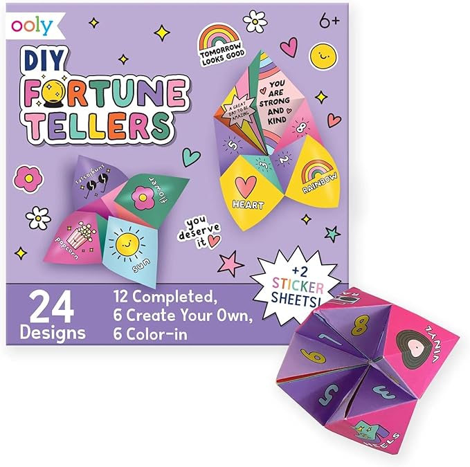 Ooly DIY Origami Fortune Teller Kit, Cootie Catcher, 24 Designs & Stickers | Ages 6+, Includes 12 Completed, 6 Blank, and 6 Coloring Folding Fortune Tellers, Fun Screen-Free Craft Activity Gift for Kids
