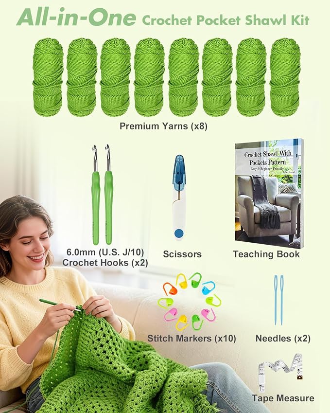 Arborthread Crochet Kit for Beginners, Easy All-Season Pocket Shawl & Scarf Crochet Kit for Adults w/Ample Premium Yarn to Fit Different Sizes, Step-by-Step Video & Instructions, Green