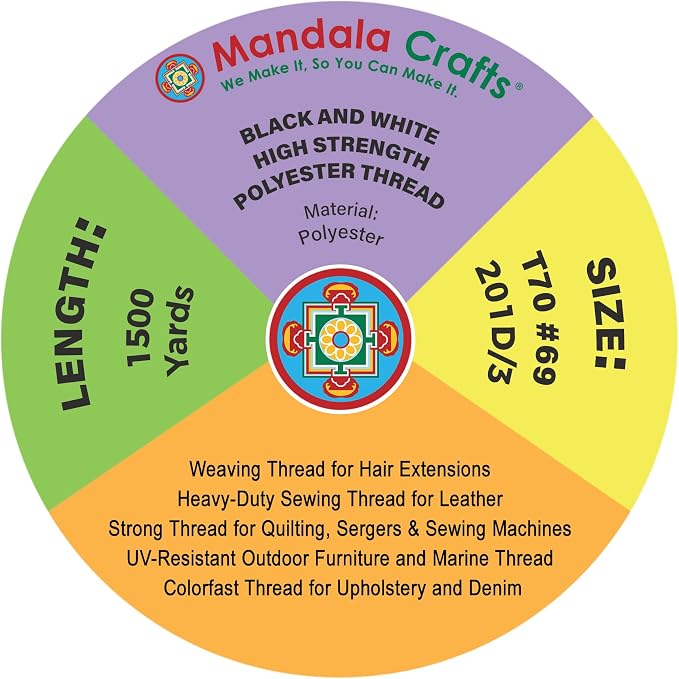 Mandala Crafts Black White Tex 70 Upholstery Polyester Heavy Duty Thread | 1500x4 Yds T70 UV Resistant Strong Thread for Leather Sewing, Marine, Drapery, Jeans, Hair Weaving & Extension, Outdoor