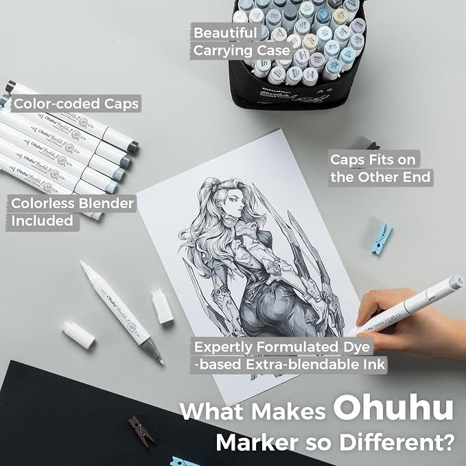 Ohuhu Alcohol Markers Brush Tip Grey-tone-Dual Tips Alcohol Based Art Marker Set for Artist Adults' Coloring Illustration Shading-36 Grayscale Colors w/ 1 Blender-Fine&Brush-Honolulu B