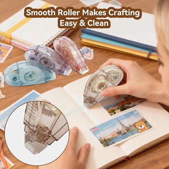 Double Sided Tape Roller, 8 Pack Adhesive Scrapbook Tape Runner for Crafts | Acid-Free, Photo Safe, Mess-Free Application, Instant Bond, For Scrapbooking, Journaling, Gift Wrap, School Projects