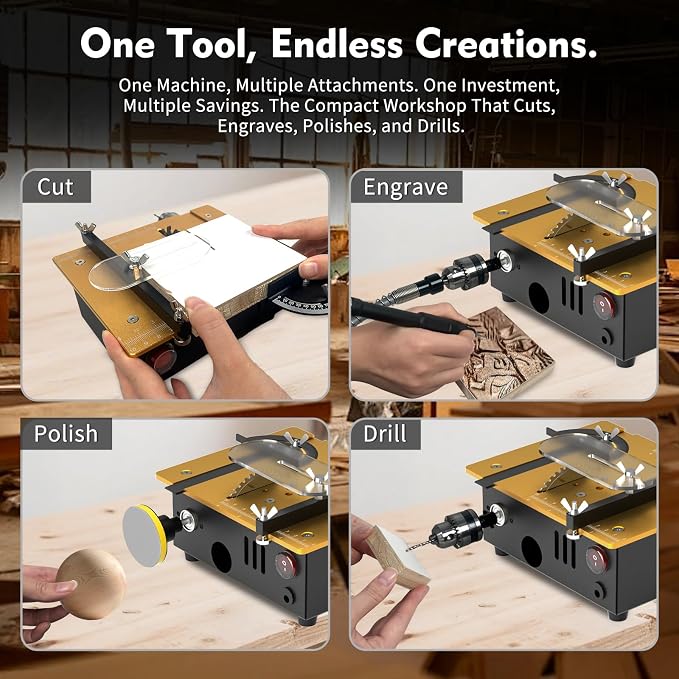 Super Mini Table Saw for Crafts & Hobbyists, [Dual Motor & Switches] 7 Speeds 200W Max, Multifunctional, 122+ Accessories, Cut/Engrave/Polish/Drill, Compact for Model Making, Gift for Creators