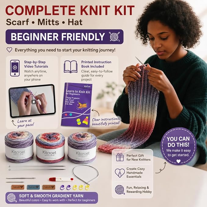 Complete Knitting Kit for Beginners, Scarf, Hat & Gloves, Amethyst Ombre | Kitcroet Knitting Kit Video Tutorials & Written Guide; 2 Types of Needles & Knitting Accessories; 25% Extra Yarn Included