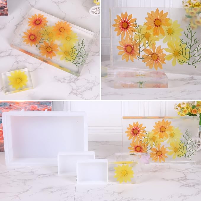 3 Pcs Rectangular Silicone Molds for Resin, Large Resin Mold Glossy Deep Square Molds 9.6''x 6.6'' w. 4''x 2.7'' w. 3.1''x 2.5'' w, Deep Epoxy Resin Molds for Flowers Preservation, Resin Casting