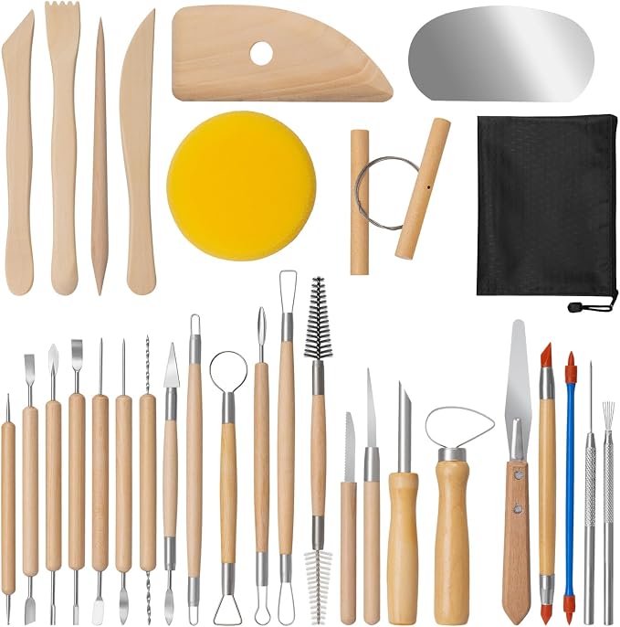 Amrules 31 Pcs Polymer Clay Sculpting Tools Kit for Adults, Light Yellow | Multi-Functional for Carving, Dotting & Molding, Ideal for Art Class & Pottery Studio, Comes with Zipper Storage Bag