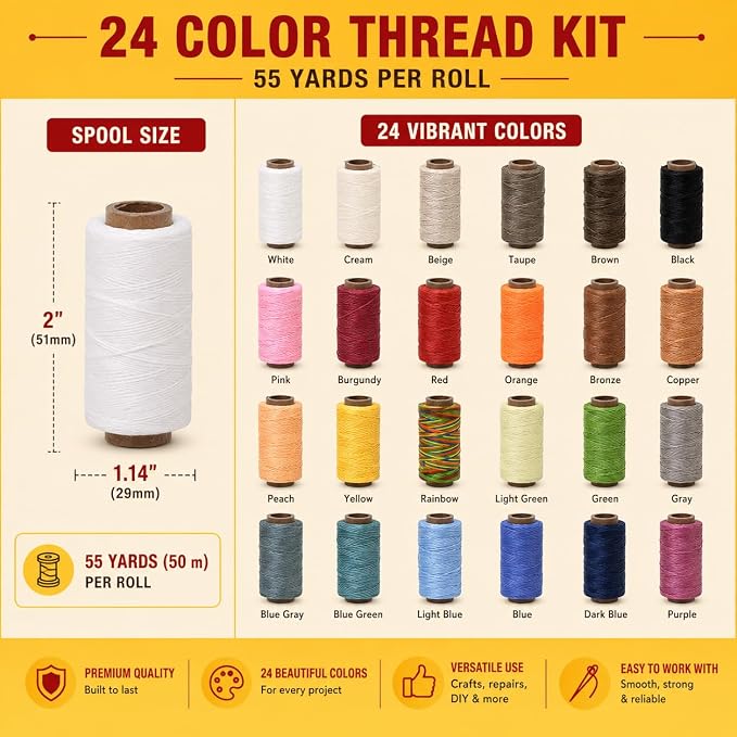 Mandala Crafts 150D 0.8mm 24 Assorted Leather Sewing Flat Waxed Thread