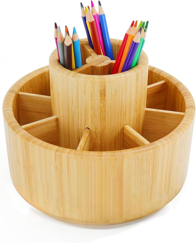 Utoplike Bamboo Rotating Art Supply Desk Organizer, Pencil Holder Desktop