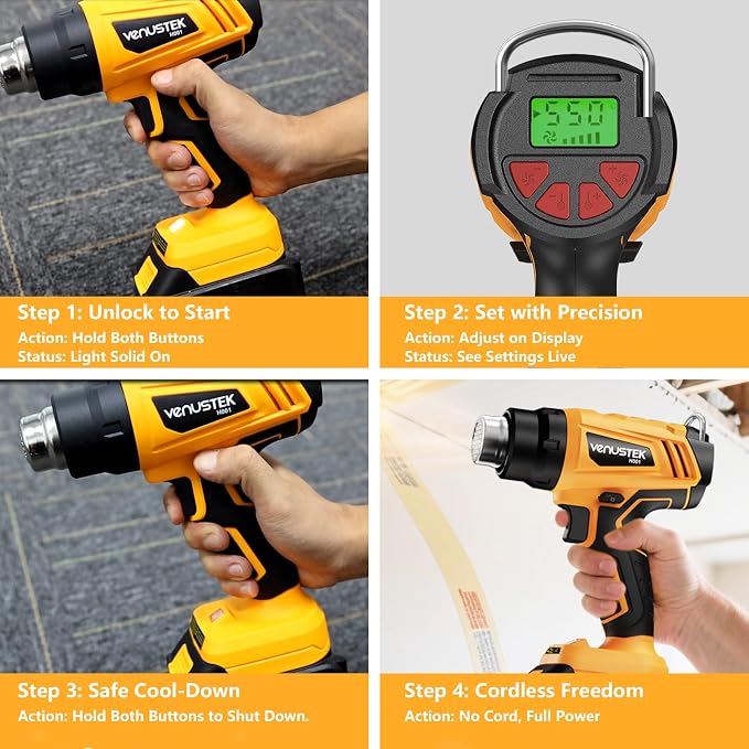Cordless Heat Gun 122℉–1022℉ for Shrink Tubing Vinyl Wrap