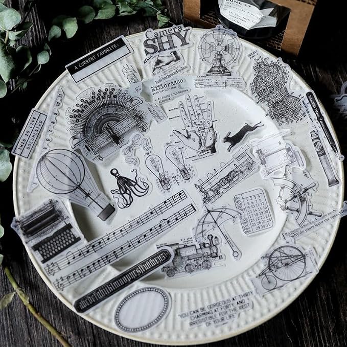 CATaireen Vintage Junk Journal Ephemera Scrapbooking Supplies Translucent Vellum Paper Stickers Card Making Decal Art Aesthetic for Adults (Ephemera Steam Machinery)