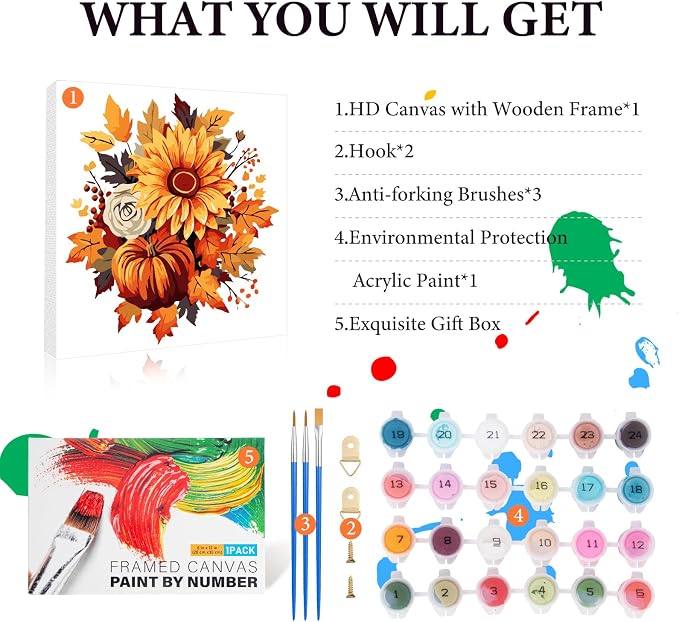 Fountor Fall Framed Paint by Numbers Kit for Adults Beginner 10x10 Inch