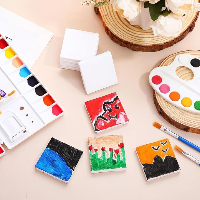 Maitys 50 Pcs 2 x 2 Inch Mini Canvas Panels Bulk Small Stretched Canvas Blank Square Boards for Painting Teenagers Art Oil Acrylics Craft