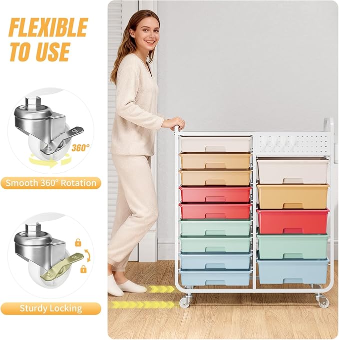 14 Drawer Rolling Storage Cart with Tabletop and Pegboard for Craft Color | Easy Setup, Large Capacity, Sturdy Build, Smooth Mobility, For classroom, office and dorm supplies
