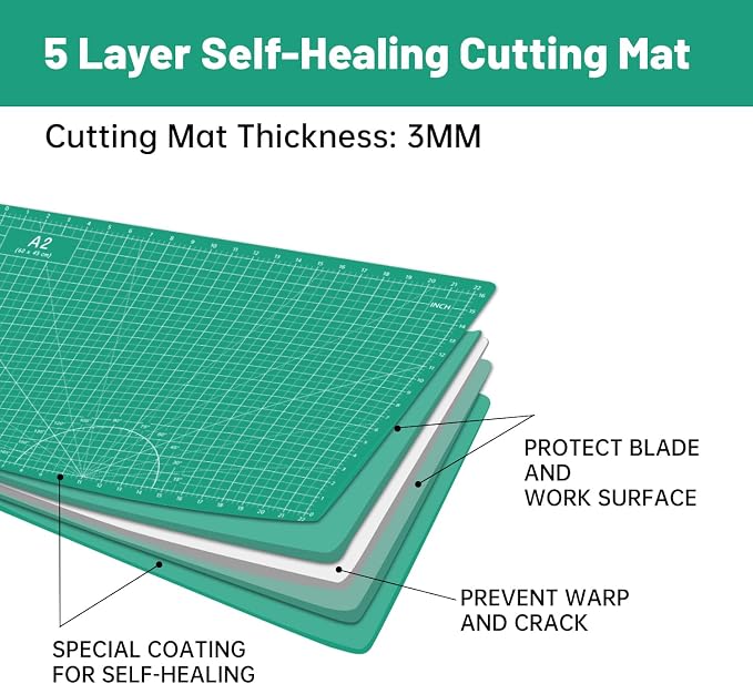 Headley Tools Thickened 18 x 24 Inch Self Healing Sewing Cutting Mat, A2 Rotary Cutting Sewing Mat for Crafts, Double Sided 5-Ply Table Cutting Board for Fabric Quilting Leather Hobby, (Green)