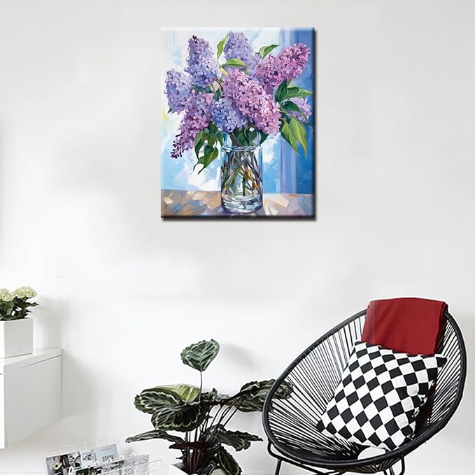 Tucocoo Paint by Number Blue Lilac in a Glass Vase Flowers DIY Painting On Canvas with Brushes Acrylic Paints Graffiti Paint by Numbers for Adults Kids Students Beginner 16x20 Inch（Without Frame）