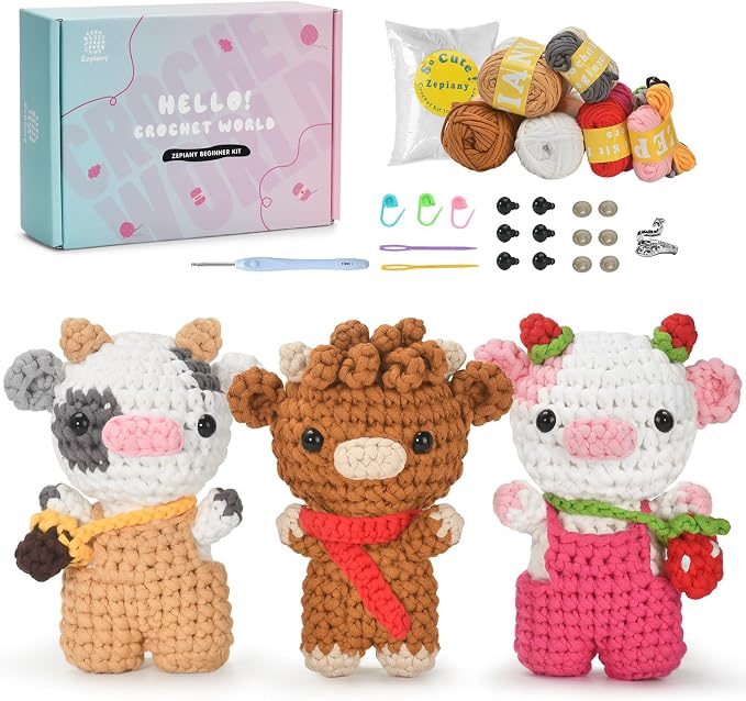 Zepiany Crochet Kit for Beginners 3 PCS Amigurumi Animal Cows Starter Kit Step-by-Step Video Tutorials DIY Craft Gifts for Adults Knitting Lovers Mother Teacher Graduates with 40% Extra Yarn