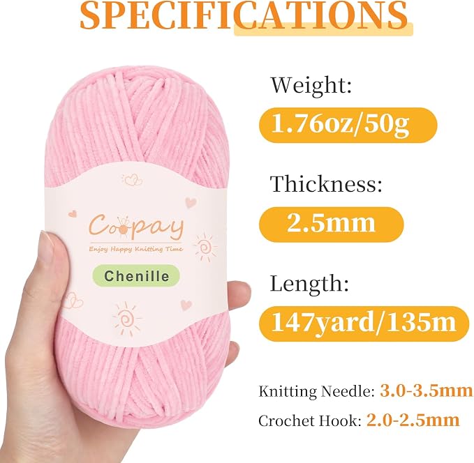 Coopay Skinny Chenille Yarn for Crocheting & Knitting, Pink Gradient | Crochet Yarn Set - 600g Total, Velvet Yarn for Colorful Crafts, Blankets, Plush Dolls, Decorative Handmade Works