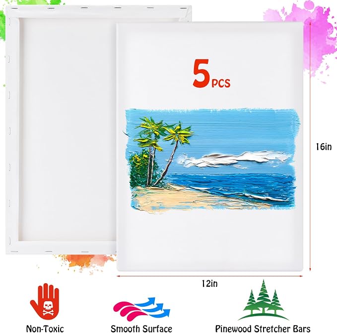 Stretched Canvas for Painting - 12x16 Inch/5 Canvas Value Pack - Triple Primer Acid Free 100% Cotton Blank Canvas for Painting Supplies Oil and Acrylic Pouring Art Watercolor