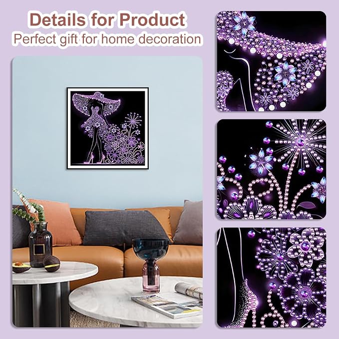 SJUTOUCI Elegant Women Diamond Art Kit for Adults, Diamond Painting Kit | Lady in Purple, Special Shape Gem Art, Crystal Rhinestones Bead Art, Diamond Dots Craft, Home Decor, DIY Gift, 12x12inch