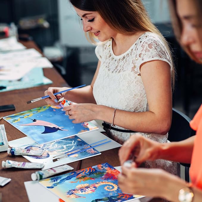 Nezyo 12 Sets Paint by Numbers with Frame, Ocean Animals Canvas 8x8 Inch | DIY Acrylic Number Painting for Beginners, Sea Life Designs, Includes Brushes Paints, Party Classroom Birthday Gift