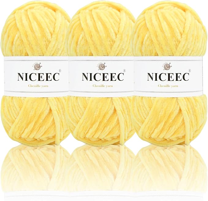 NICEEC 3 Skeins Soft Chenille Yarn 3 x85m (3X 93yds, 3X 50g)_Yellow