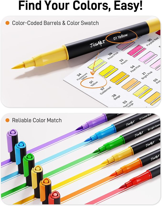 JusArt Markers for Adult Coloring Books No Bleeding, 100 Colors | Dual Tip, Triangle Grip, Fine & Brush Tips, Water-Based, 33% More Ink, With 200gsm Coloring Book, Storage Case, 6 Spare Tips