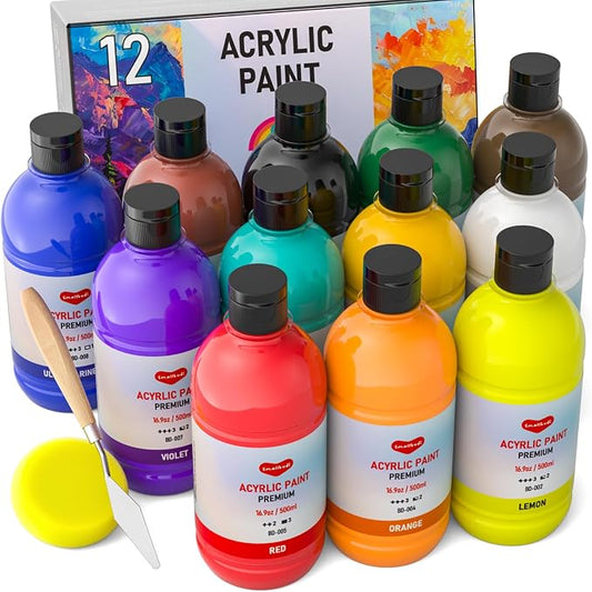 Smallbudi Bulk Acrylic Paint Set, 12 Colors 16.9oz for Artists & Beginners | Rich Pigment, Large Non-Toxic Acrylic Paint Kit for Adult Painting Party, Large-Scale Art, Ideal for Canvas Wood Crafts Rock