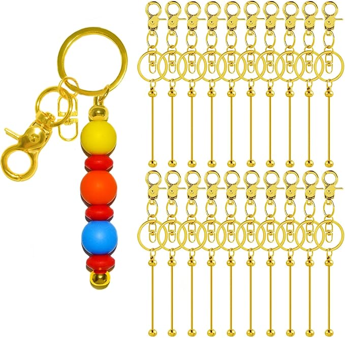 20 Pcs Beadable Keychains Bulk Kit – DIY Keychain Making Supplies with Metal Blanks for Crafts, Jewelry, Charms, Custom Projects – Blank Chain Bars for Beaded Keychain Design (Golden)