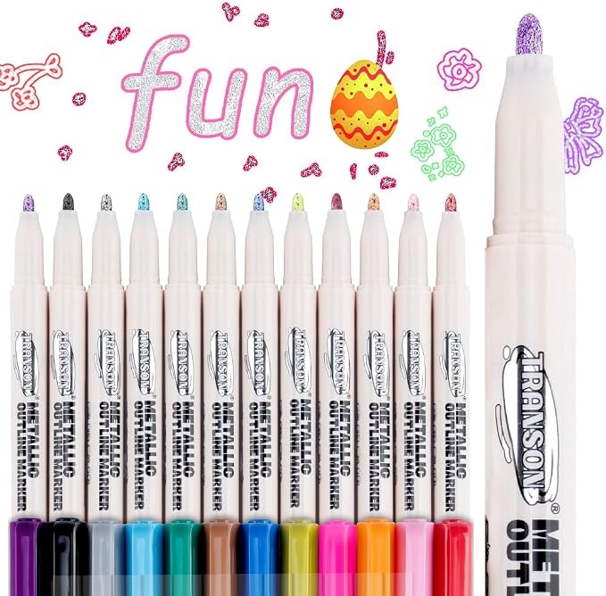 TRANSON 12pcs Outline Shimmering Markers with Metallic for Fun Art Drawing Craft DIY